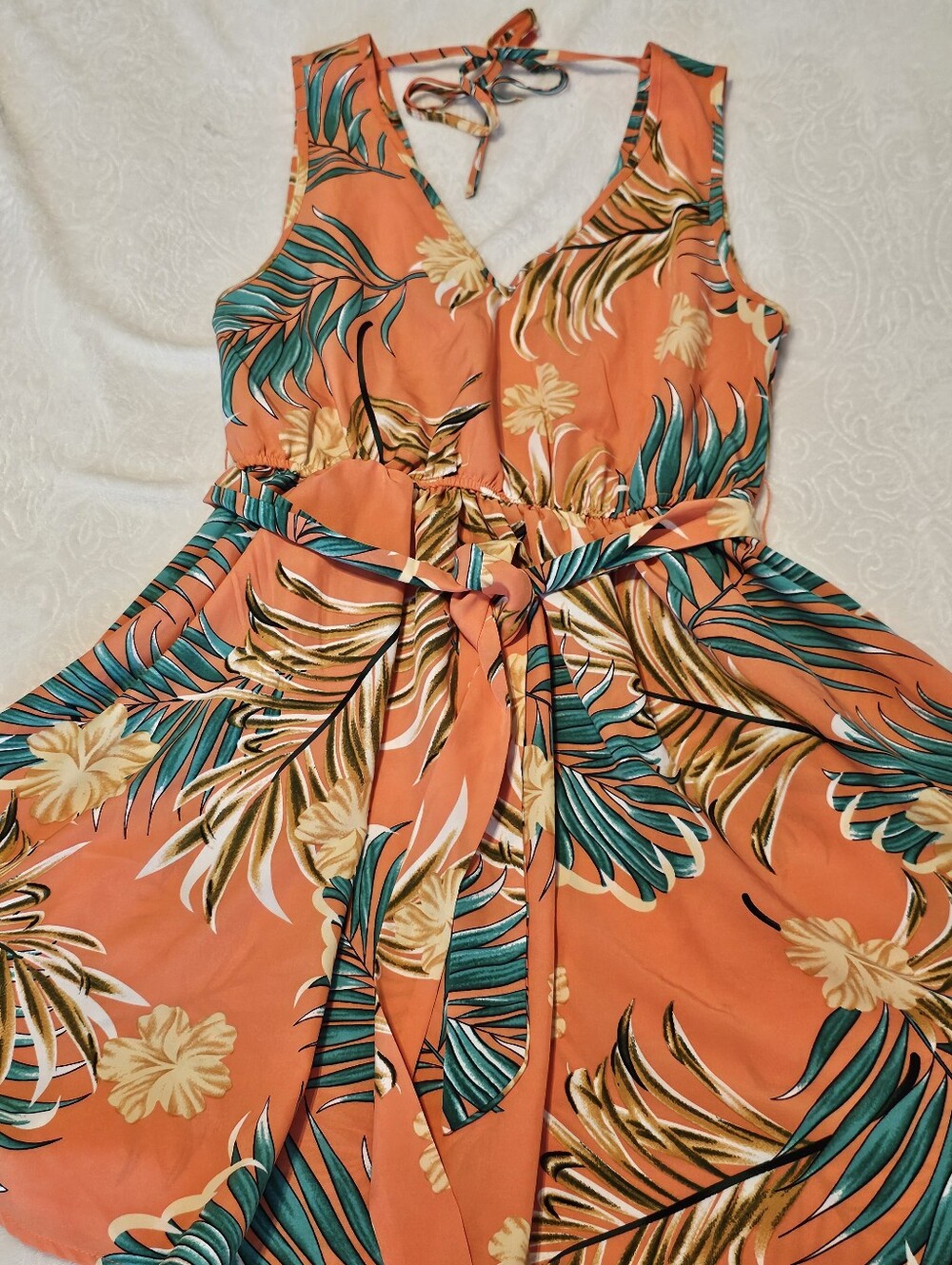 SHEIN Orange Tropical Palm Leaf V Neck Tie Back Mini Dress Medium EU 38 US 6